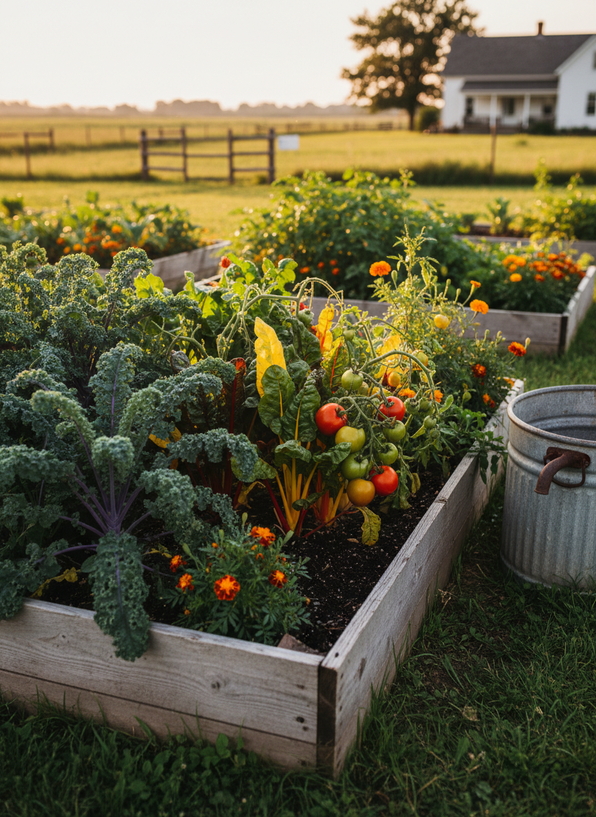 A close-up of a patchwork prairie garden behind the farmhouse, with raised cedar beds overflowing with kale, rainbow chard, vine-ripened tomatoes, and bright marigolds used for companion planting. Dark, rich soil clings to the base of the plants, and a simple galvanized metal watering trough sits at the edge of the frame. Dew droplets cling to the leaves, catching the warm golden hour light. The background shows a softly blurred glimpse of open pasture and a split-rail fence. Photographic realism, captured from a low, intimate angle with shallow depth of field, creating a lush, hopeful, and productive homestead mood.